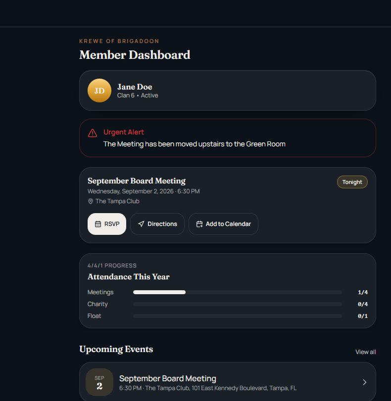 Member dashboard with an urgent organizational alert — example implementation