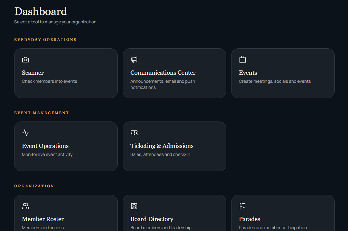 Admin command center — example organization experience