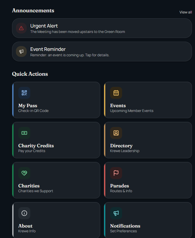 Member announcements and quick actions — example organization experience