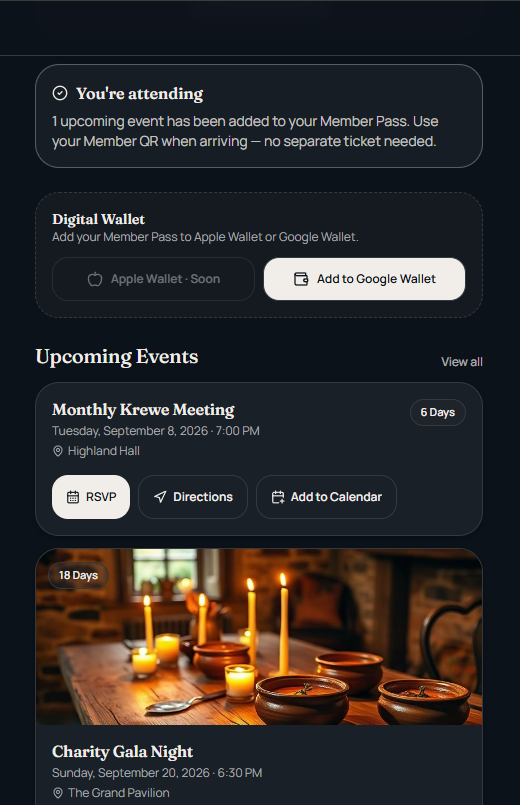 Member events and digital access — example organization experience